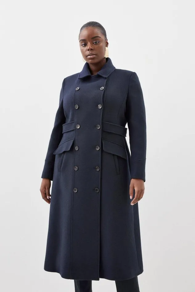 Coats and Jackets Women Karen Millen Plus Size Italian Manteco Wool Blend Double Breasted Tab Detail Coat Navy