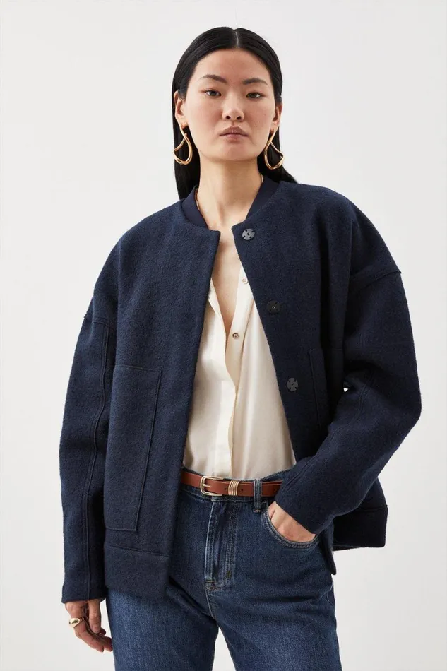 Coats and Jackets Women Karen Millen Premium 100 Washed Wool Bomber Knit Jacket Navy Coats and Jackets Women Karen Millen Premium 100 Washed Wool Bomber Knit Jacket Navy