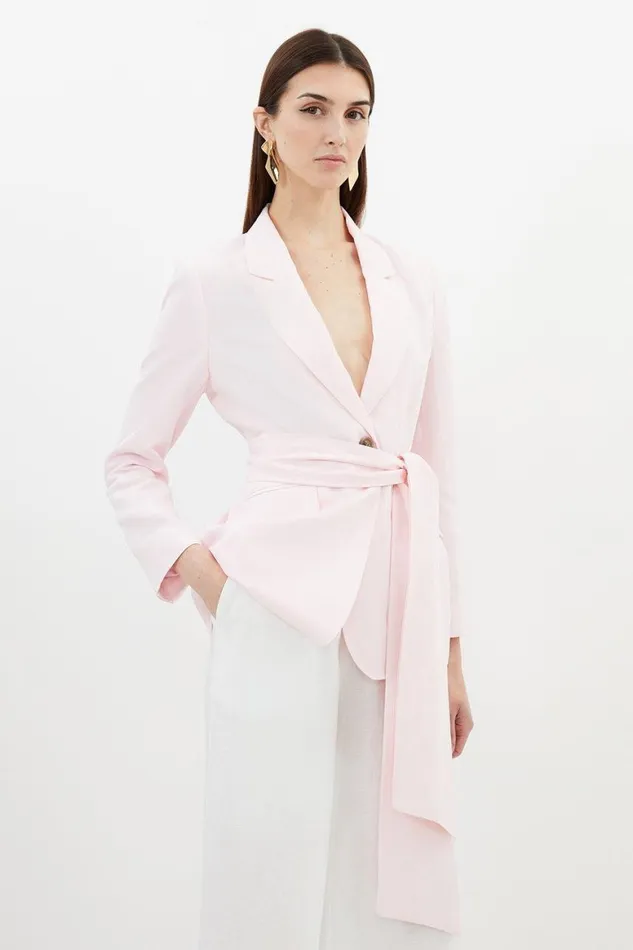 Coats and Jackets Women Karen Millen Premium Linen Viscose Tie Waist Longline Tailored Blazer Blush