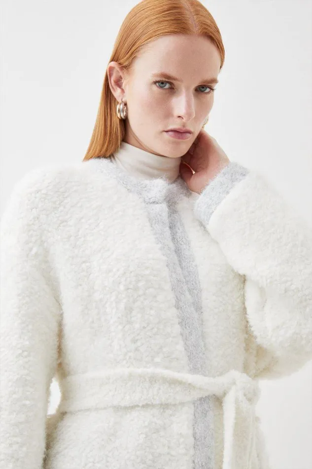 Coats and Jackets Women Karen Millen Premium Loopy Textured Belted Knit Jacket Ivory