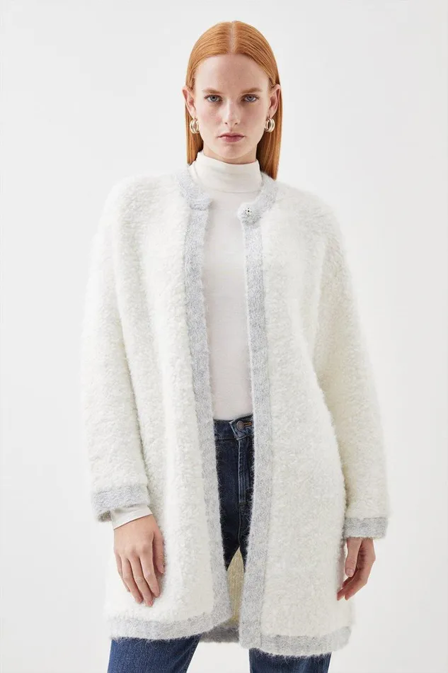 Coats and Jackets Women Karen Millen Premium Loopy Textured Belted Knit Jacket Ivory