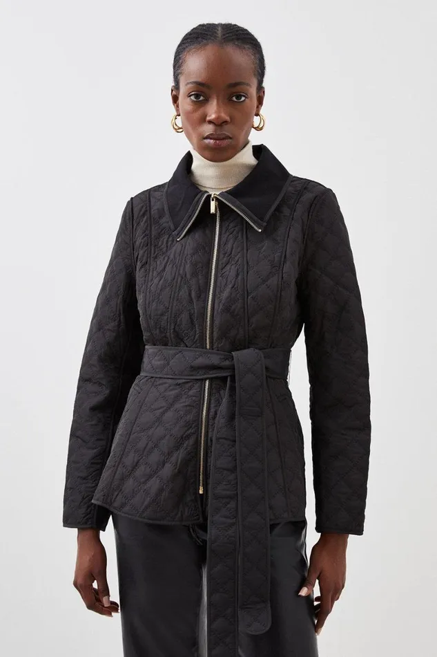 Coats and Jackets Women Karen Millen Quilted Peplum Belted Coat Black