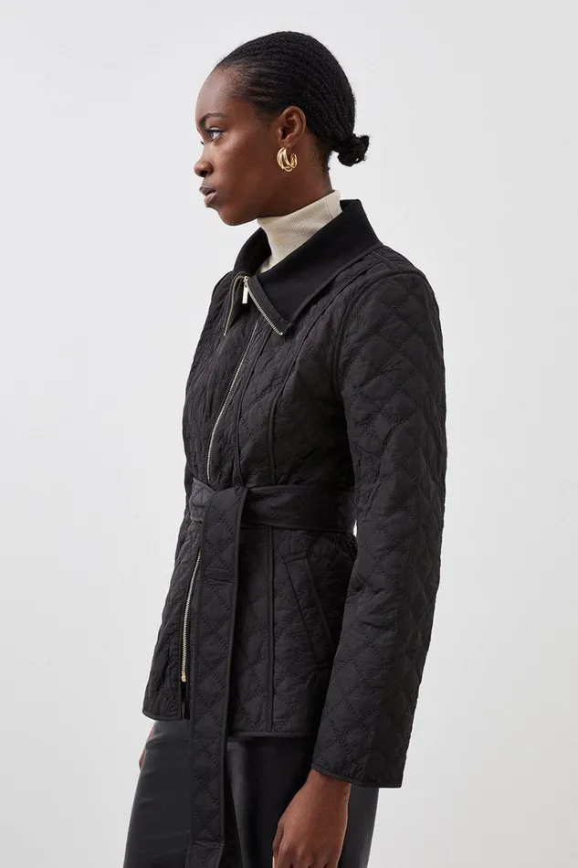Coats and Jackets Women Karen Millen Quilted Peplum Belted Coat Black