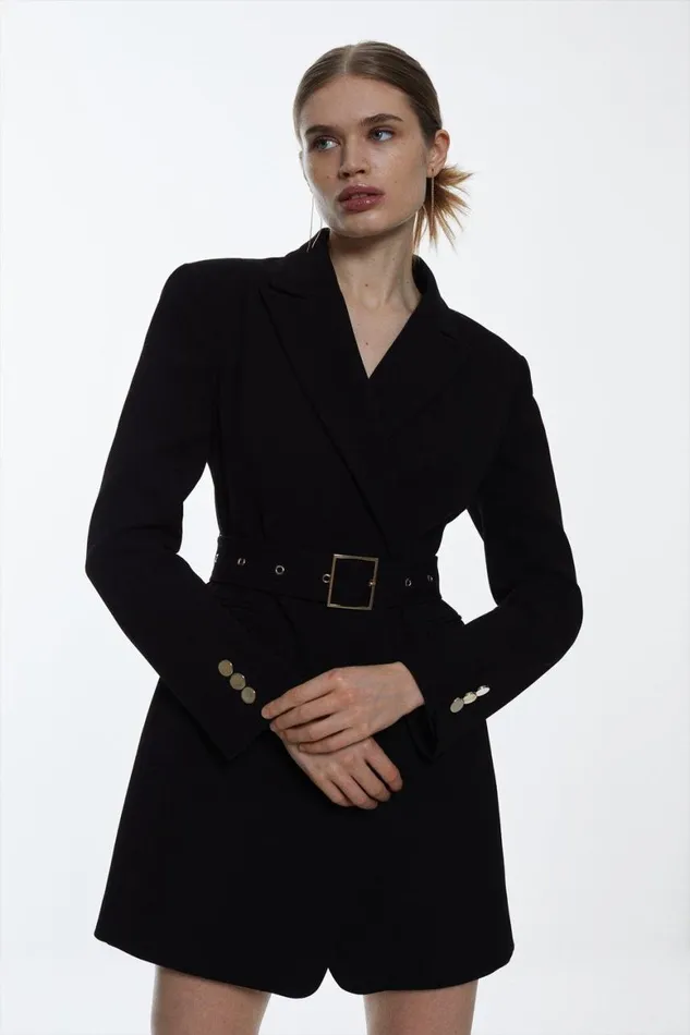Coats and Jackets Women Karen Millen Structured Crepe Belted Wide Shoulder Longline Blazer Black