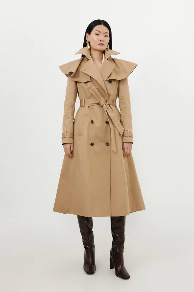 Coats and Jackets Women Karen Millen Tailored Draped Storm Flap Detail Belted Trench Coat Camel
