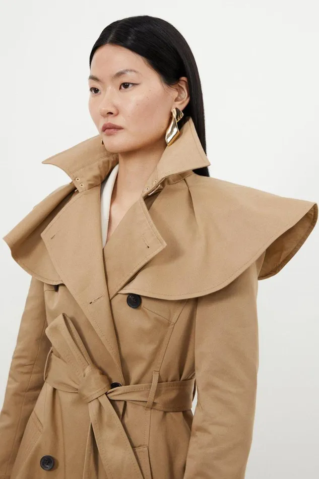 Coats and Jackets Women Karen Millen Tailored Draped Storm Flap Detail Belted Trench Coat Camel
