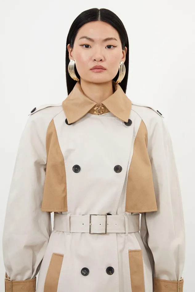 Coats and Jackets Women Karen Millen Tailored Full Skirt Colour Block Midi Trench Coat Stone