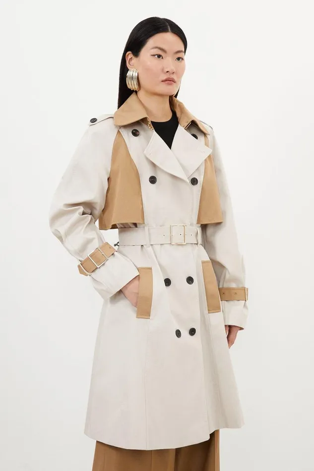 Coats and Jackets Women Karen Millen Tailored Full Skirt Colour Block Midi Trench Coat Stone