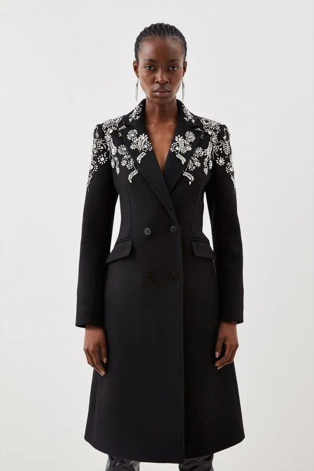Coats and Jackets Women Karen Millen Tailored Wool Blend Embellished Double Breasted Coat Black