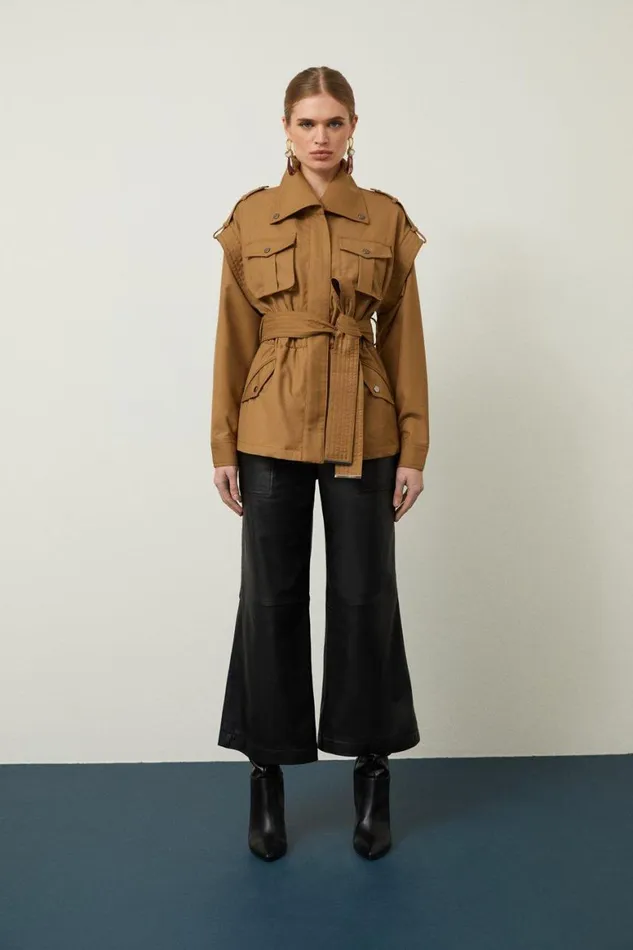 Coats and Jackets Women Karen Millen Utility Cotton Canvas Woven Twill Jacket Tan