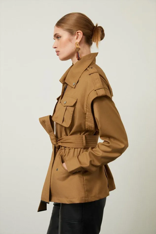 Coats and Jackets Women Karen Millen Utility Cotton Canvas Woven Twill Jacket Tan