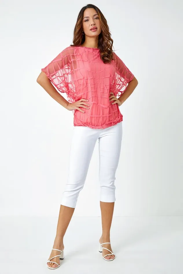 Coral Abstract Check Print Blouson Top Women Roman Tops