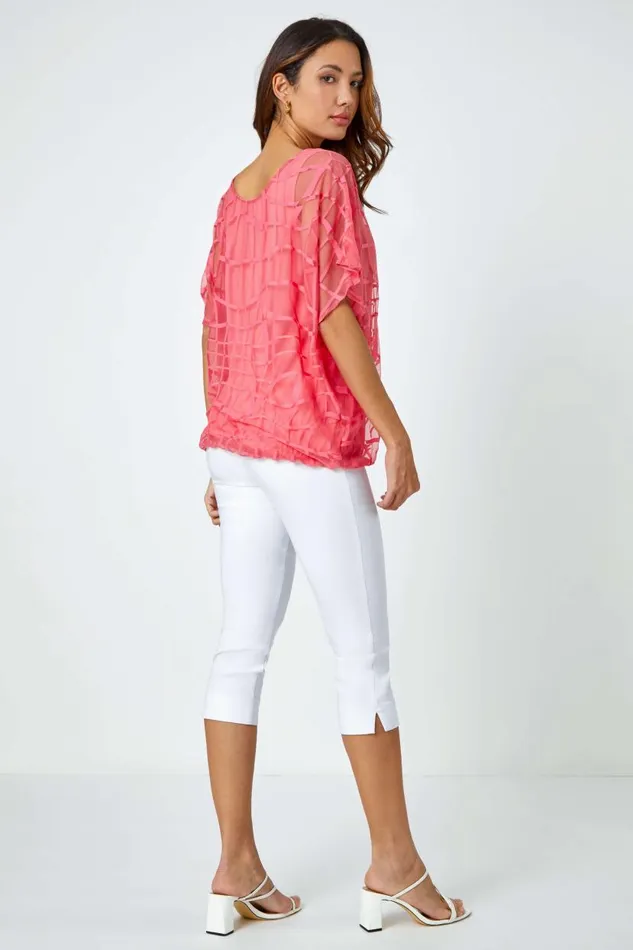 Coral Abstract Check Print Blouson Top Women Roman Tops