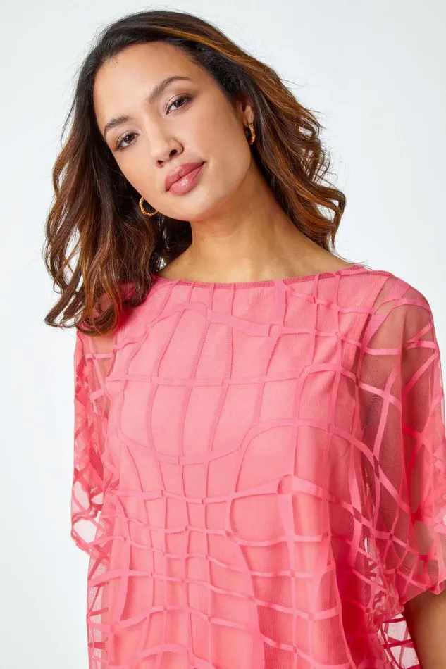 Coral Abstract Check Print Blouson Top Women Roman Tops