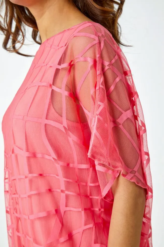 Coral Abstract Check Print Blouson Top Women Roman Tops