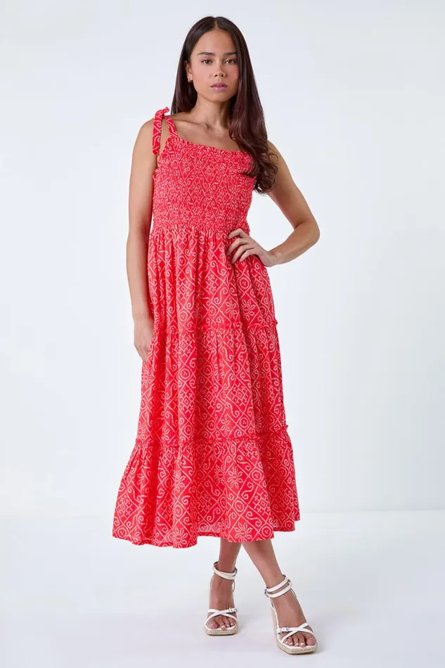 Coral Petite Cotton Ditsy Print Shirred Maxi Dress Women Roman Dresses