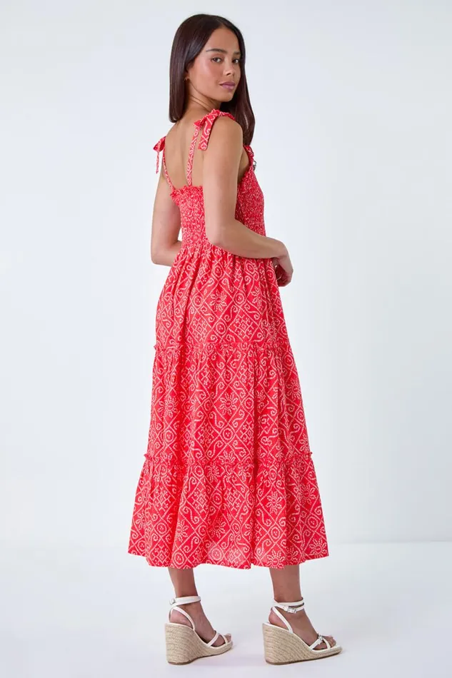 Coral Petite Cotton Ditsy Print Shirred Maxi Dress Women Roman Dresses