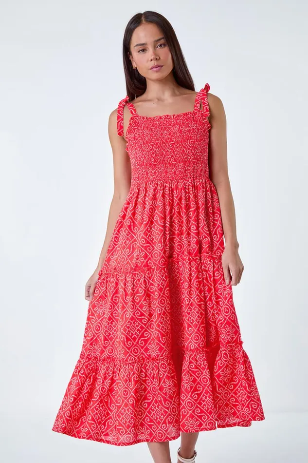 Coral Petite Cotton Ditsy Print Shirred Maxi Dress Women Roman Dresses