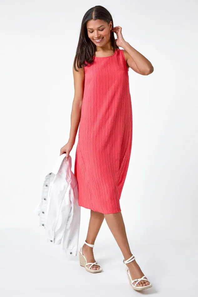 Coral Textured Sleeveless Midi Dress Women Roman Dresses