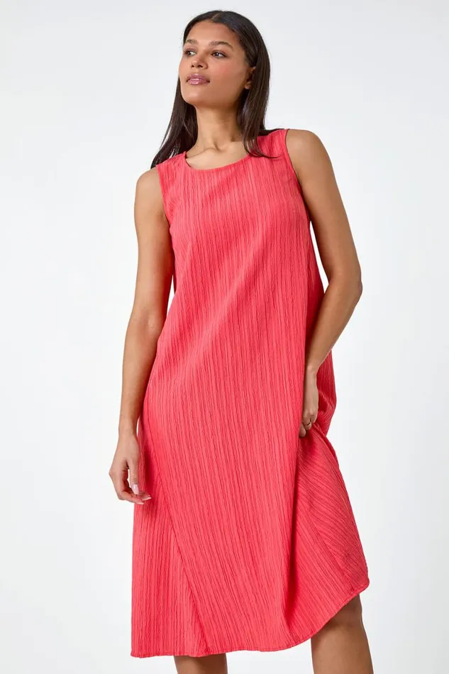 Coral Textured Sleeveless Midi Dress Women Roman Dresses
