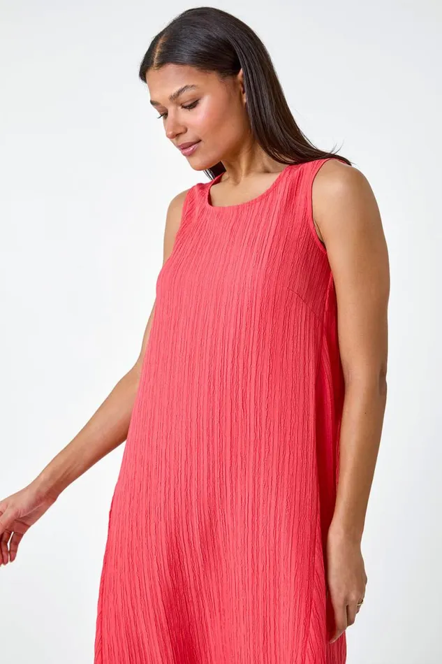 Coral Textured Sleeveless Midi Dress Women Roman Dresses