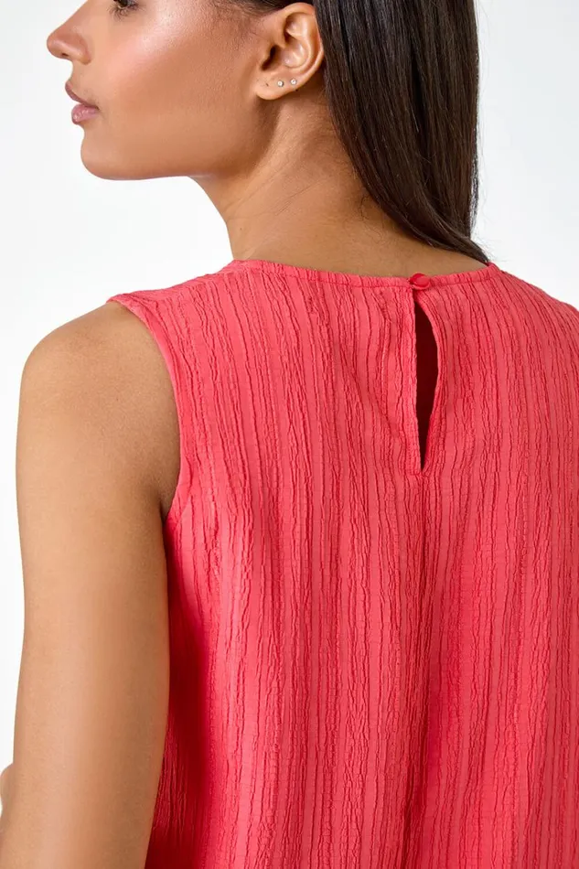 Coral Textured Sleeveless Midi Dress Women Roman Dresses