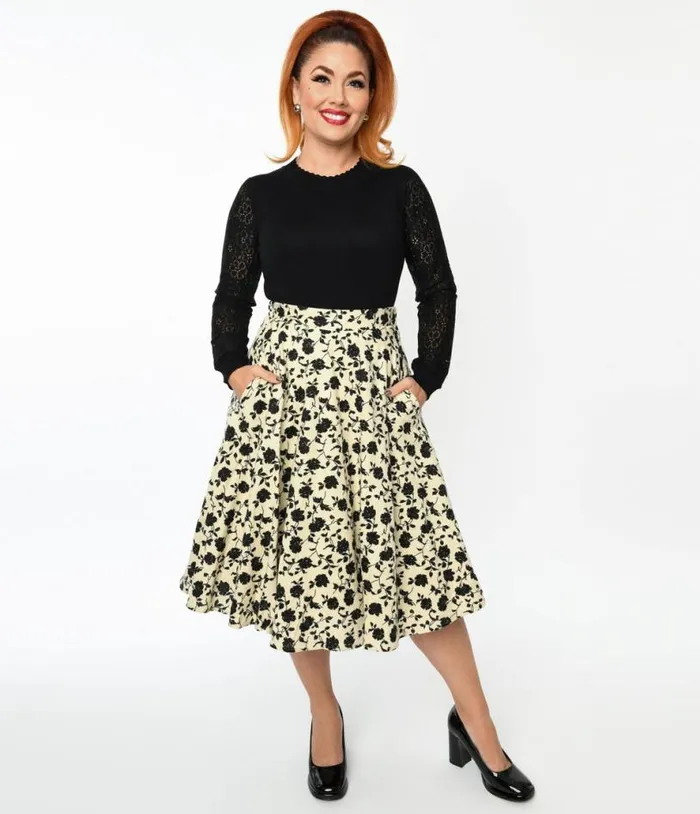 Cream and Black Floral Swing Skirt Clothing Unique Vintage Skirts