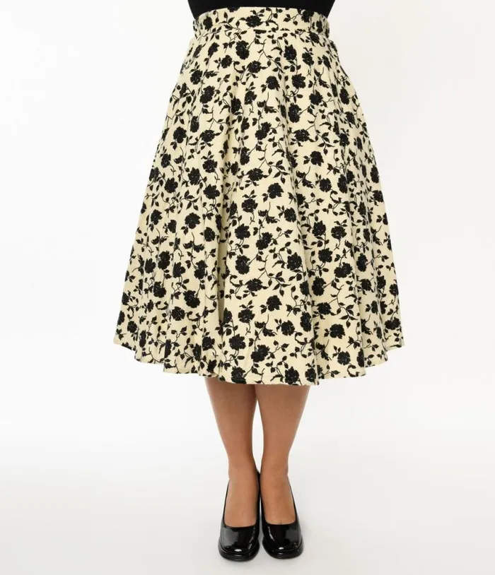 Cream and Black Floral Swing Skirt Clothing Unique Vintage Skirts