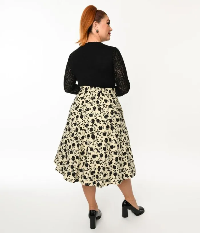Cream and Black Floral Swing Skirt Clothing Unique Vintage Skirts