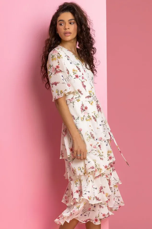 Cream Floral Print Chiffon Frill Tiered Midi Dress Women Roman Dresses