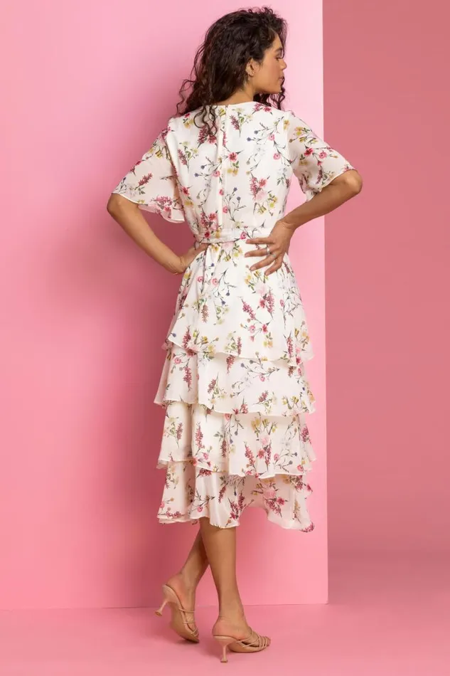 Cream Floral Print Chiffon Frill Tiered Midi Dress Women Roman Dresses