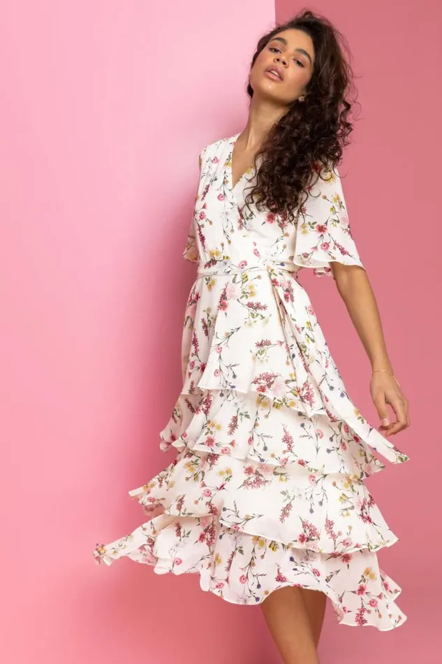 Cream Floral Print Chiffon Frill Tiered Midi Dress Women Roman Dresses
