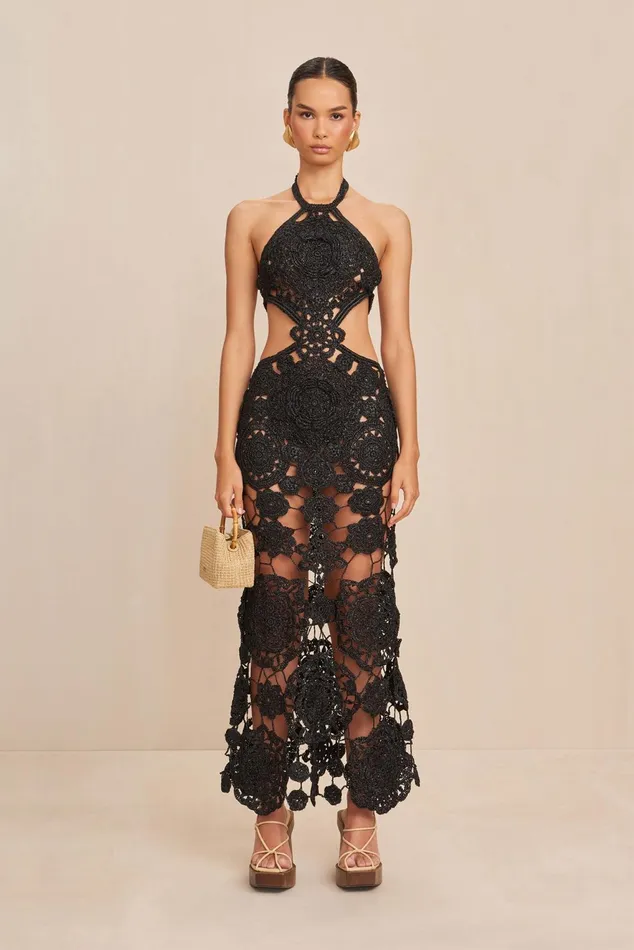 Cult Gaia Accalia Crochet Gown Black Women Dresses