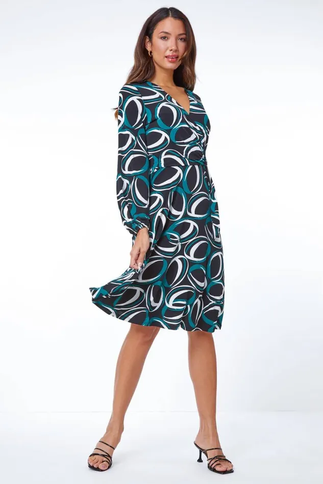 Dark Green Abstract Wrap Ring Detail Dress Women Roman Dresses