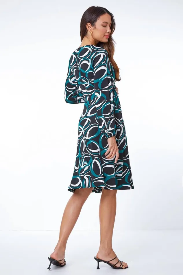 Dark Green Abstract Wrap Ring Detail Dress Women Roman Dresses