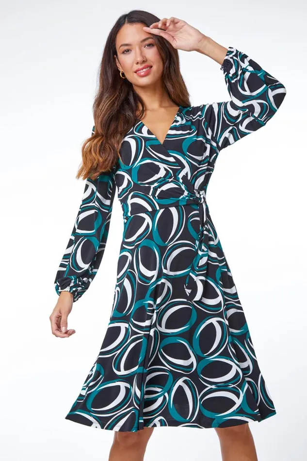 Dark Green Abstract Wrap Ring Detail Dress Women Roman Dresses