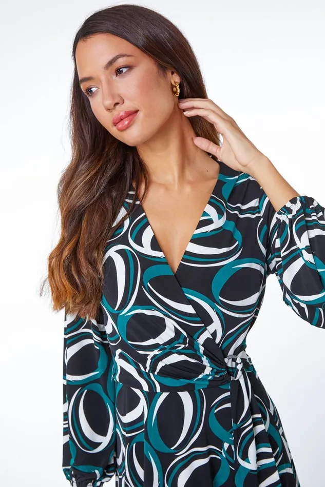 Dark Green Abstract Wrap Ring Detail Dress Women Roman Dresses