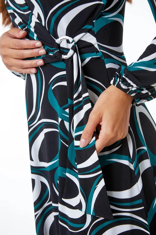 Dark Green Abstract Wrap Ring Detail Dress Women Roman Dresses