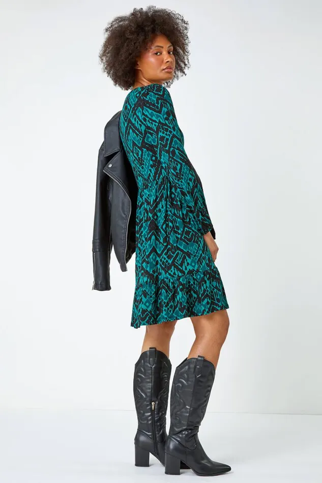 Dark Green Aztec Print Frilled Hem Stretch Dress Women Roman Dresses