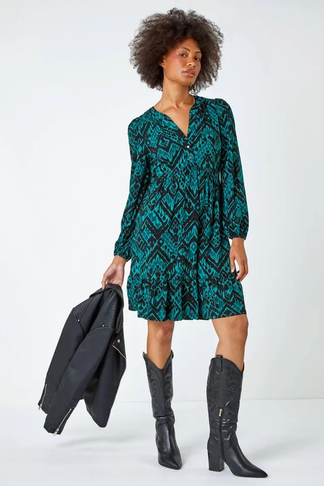 Dark Green Aztec Print Frilled Hem Stretch Dress Women Roman Dresses