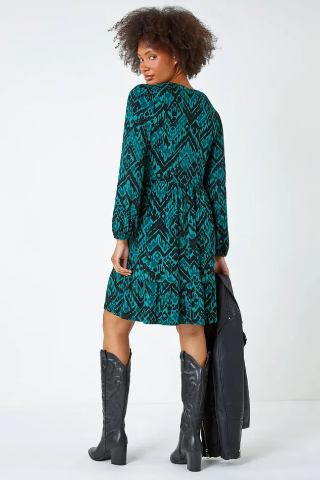 Dark Green Aztec Print Frilled Hem Stretch Dress Women Roman Dresses