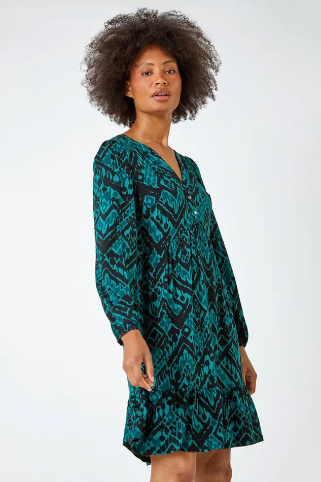 Dark Green Aztec Print Frilled Hem Stretch Dress Women Roman Dresses