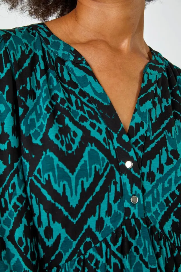 Dark Green Aztec Print Frilled Hem Stretch Dress Women Roman Dresses
