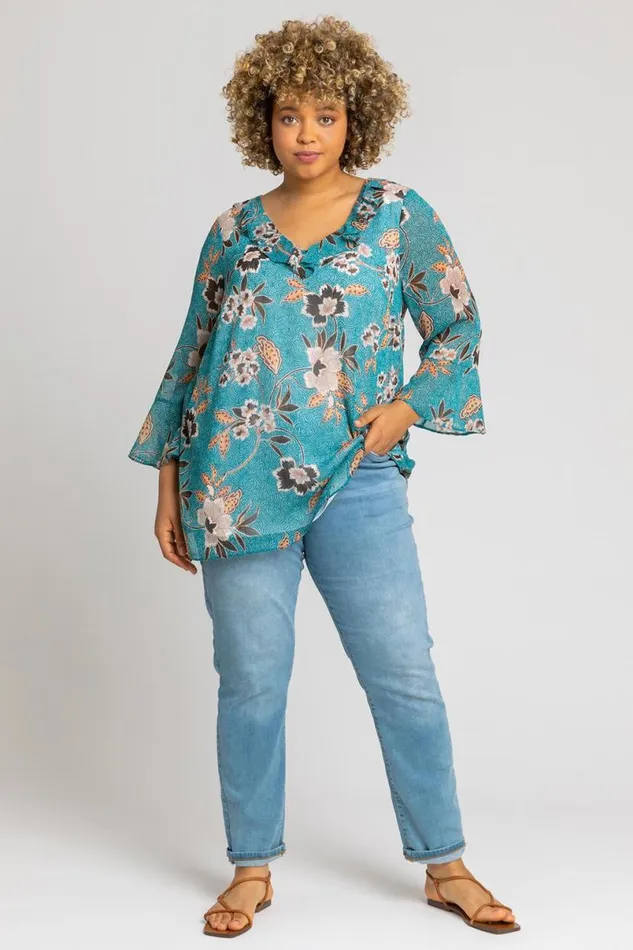 Dark Green Curve Textured Spot Frill Detail Top Women Roman Tops