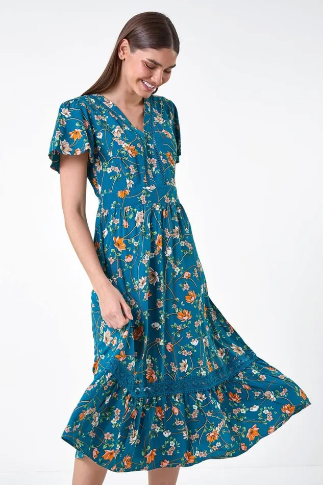 Dark Green Floral Lace Trim Pocket Midi Dress Women Roman Dresses