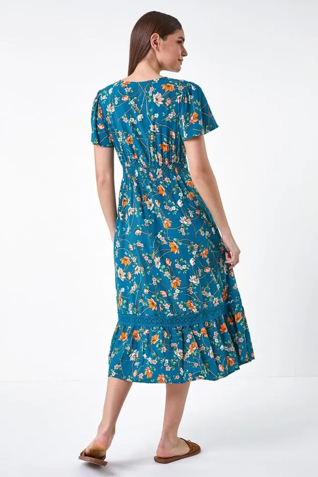 Dark Green Floral Lace Trim Pocket Midi Dress Women Roman Dresses