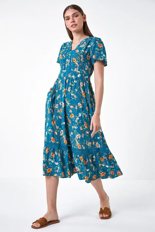 Dark Green Floral Lace Trim Pocket Midi Dress Women Roman Dresses
