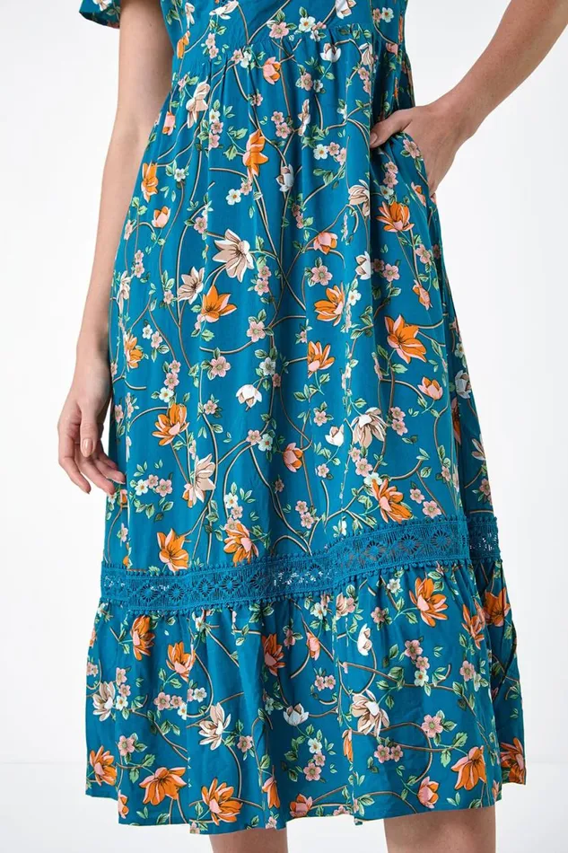 Dark Green Floral Lace Trim Pocket Midi Dress Women Roman Dresses