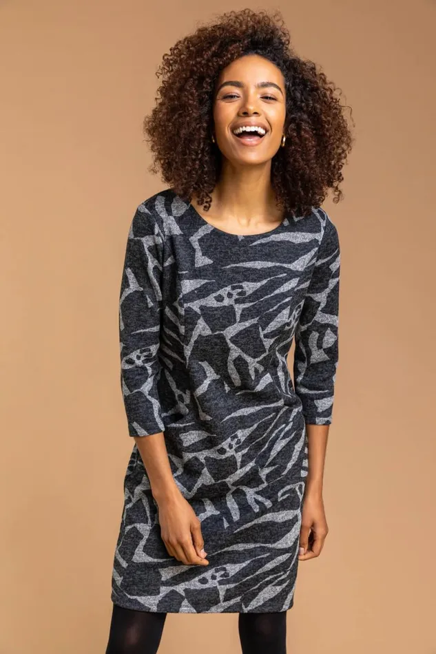 Dark Grey Abstract Animal Print Shift Dress Women Roman Dresses