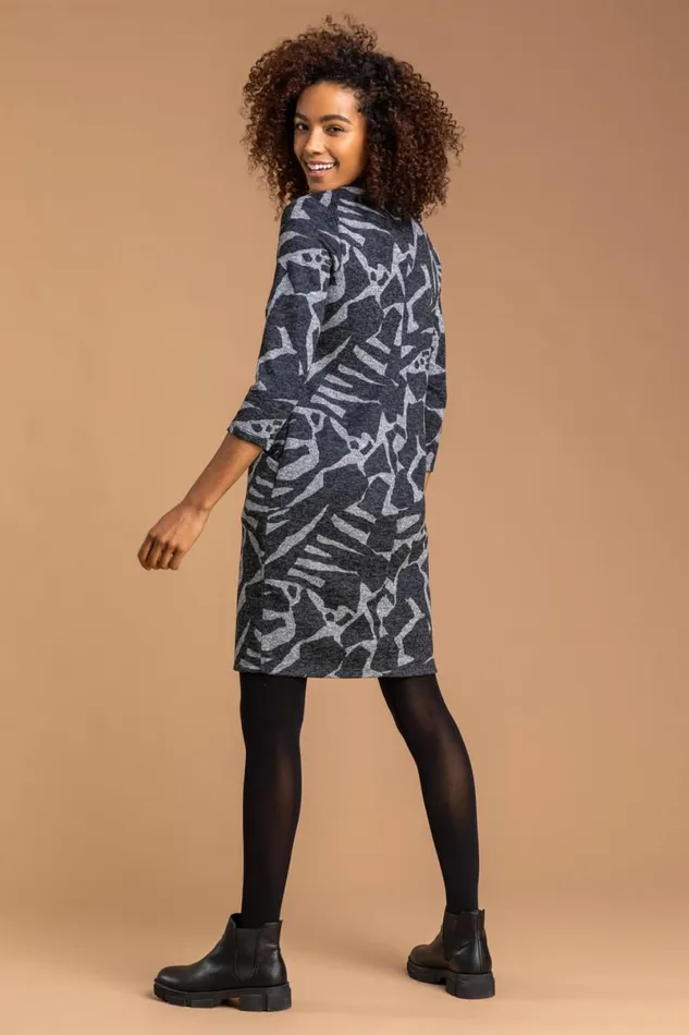 Dark Grey Abstract Animal Print Shift Dress Women Roman Dresses